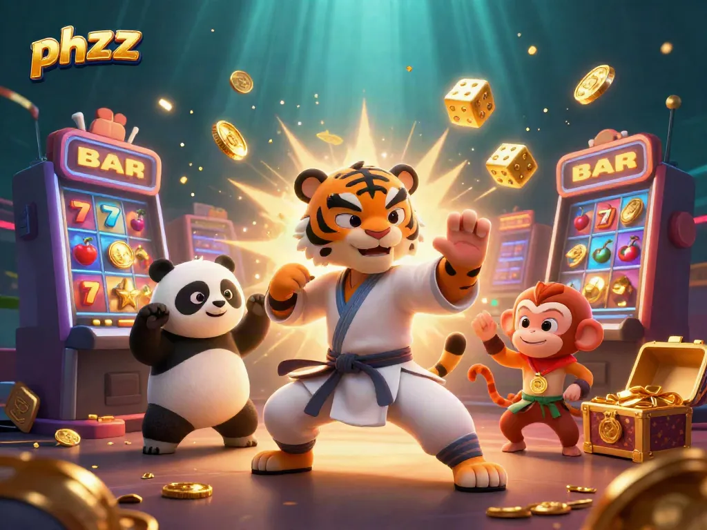 Experience thrilling play with phzzz gaming excitement, showcasing a kung fu tiger, panda disciple, and playful monkey student.