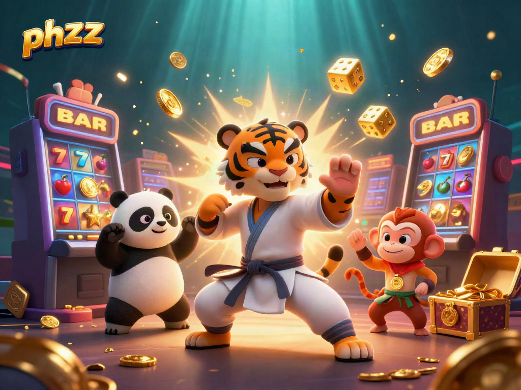 Experience thrilling play with phzzz gaming excitement, showcasing a kung fu tiger, panda disciple, and playful monkey student.