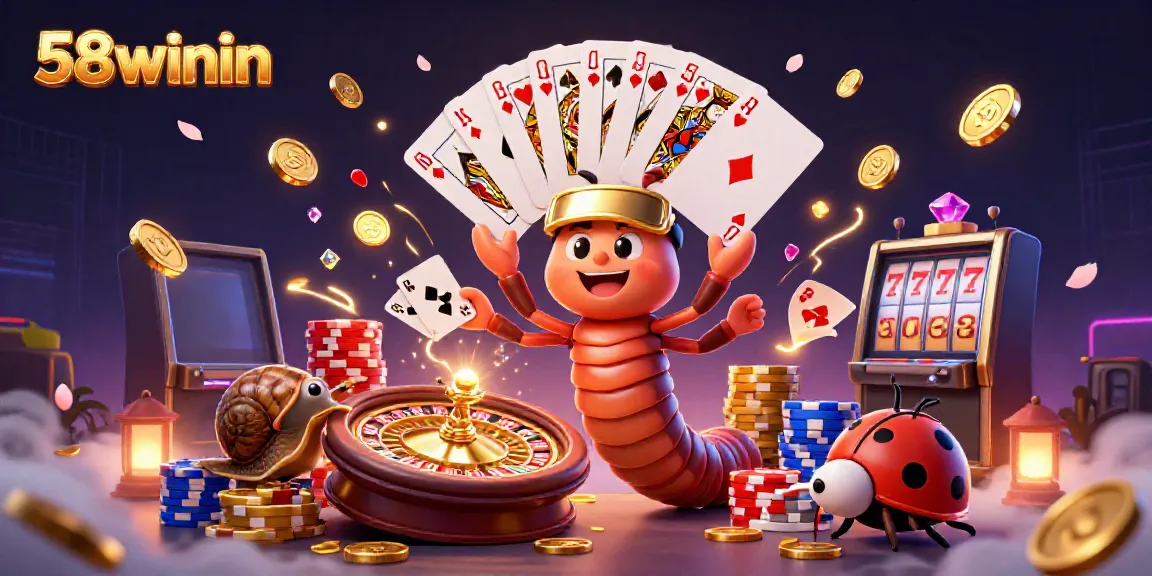 Join the action at 58winin as a colorful 3D dealer showcases winning cards and chips in a vibrant casino atmosphere.