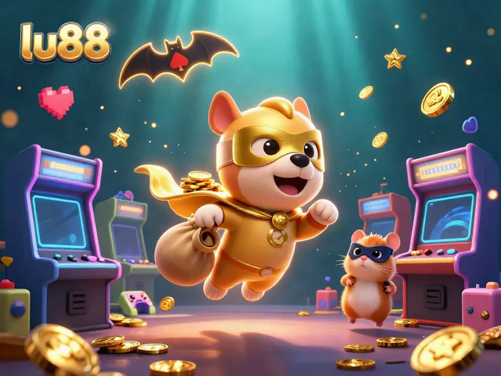 Experience thrilling action at lu88 with a superhero dog and hamster in a vibrant gaming scene
