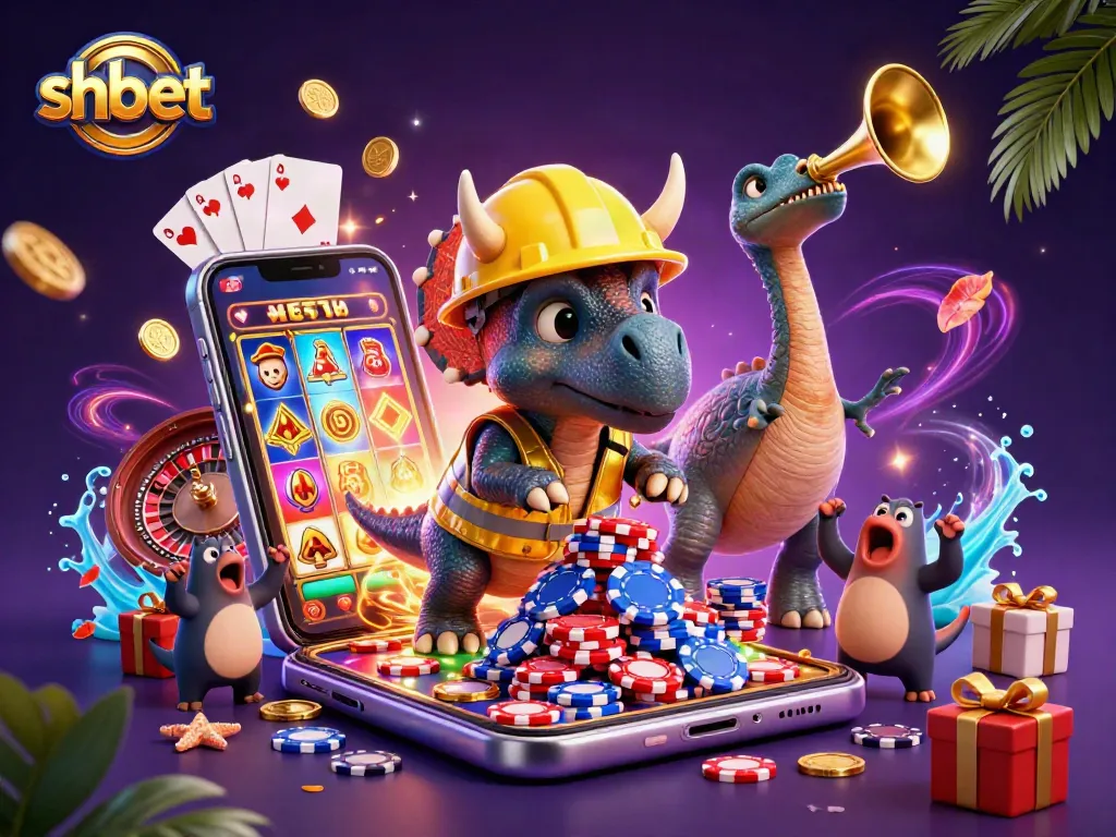 Experience the thrill of sh bet with a lively casino scene featuring a triceratops, poker chips, and games.