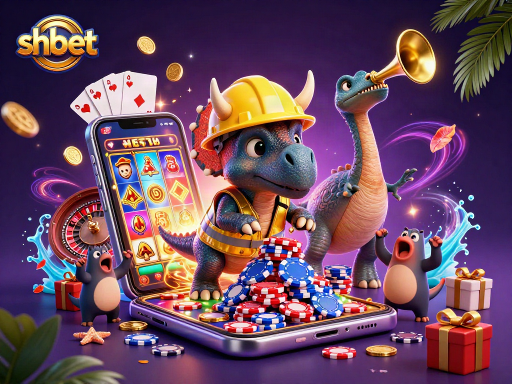 Experience the thrill of sh bet with a lively casino scene featuring a triceratops, poker chips, and games.
