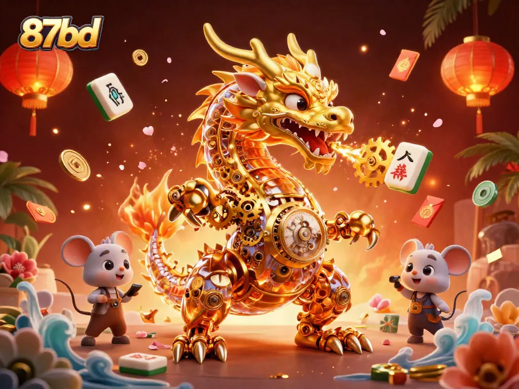 Engage with thrilling games at 87bd, featuring a golden dragon amidst floating casino elements.