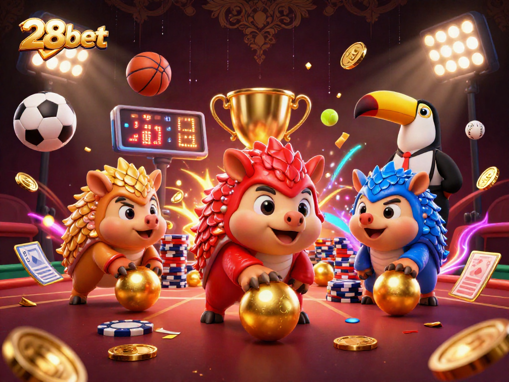 28bet engages players with a dynamic rivalry between pangolins amidst vibrant casino elements.