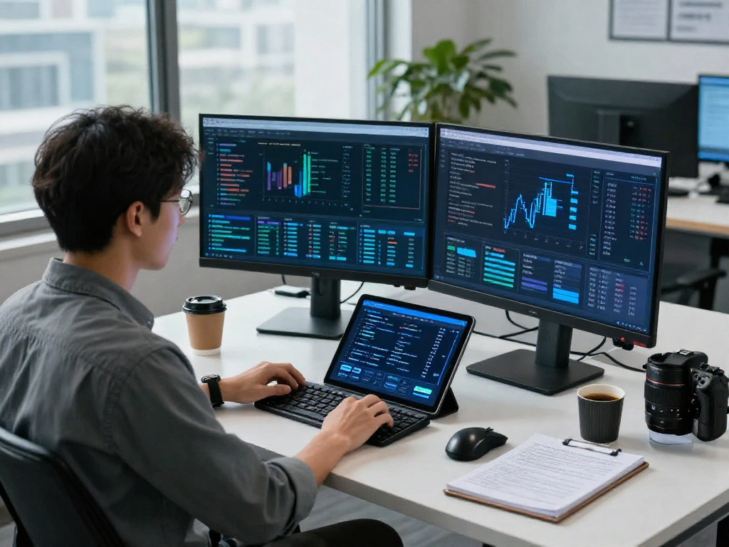 Cybersecurity analyst using advanced tech for document fraud detection, showcasing a modern workspace.