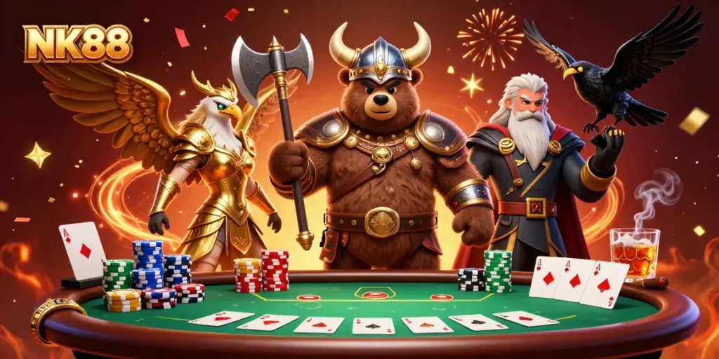 Experience the thrilling NK88 gaming adventure with our vibrant 3D casino scene featuring dynamic characters and action.