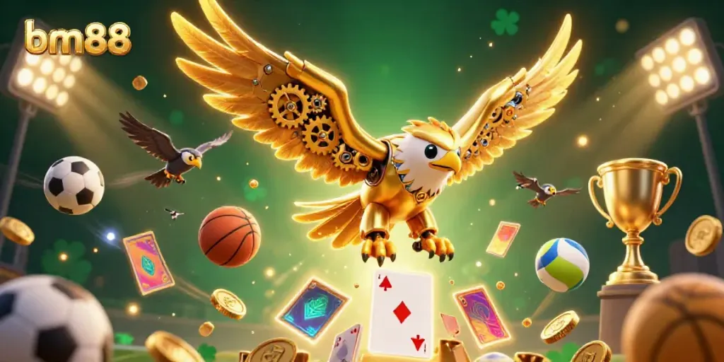 Experience thrilling gaming at bm88 with a cybernetic eagle surrounded by dynamic sports elements and playful cards.