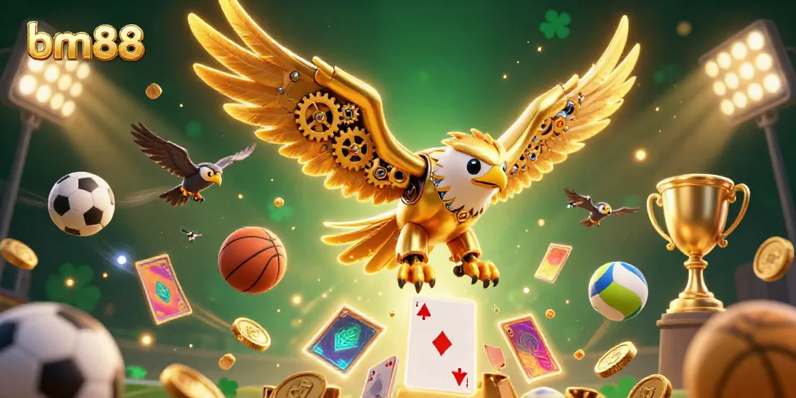 Experience thrilling gaming at bm88 with a cybernetic eagle surrounded by dynamic sports elements and playful cards.