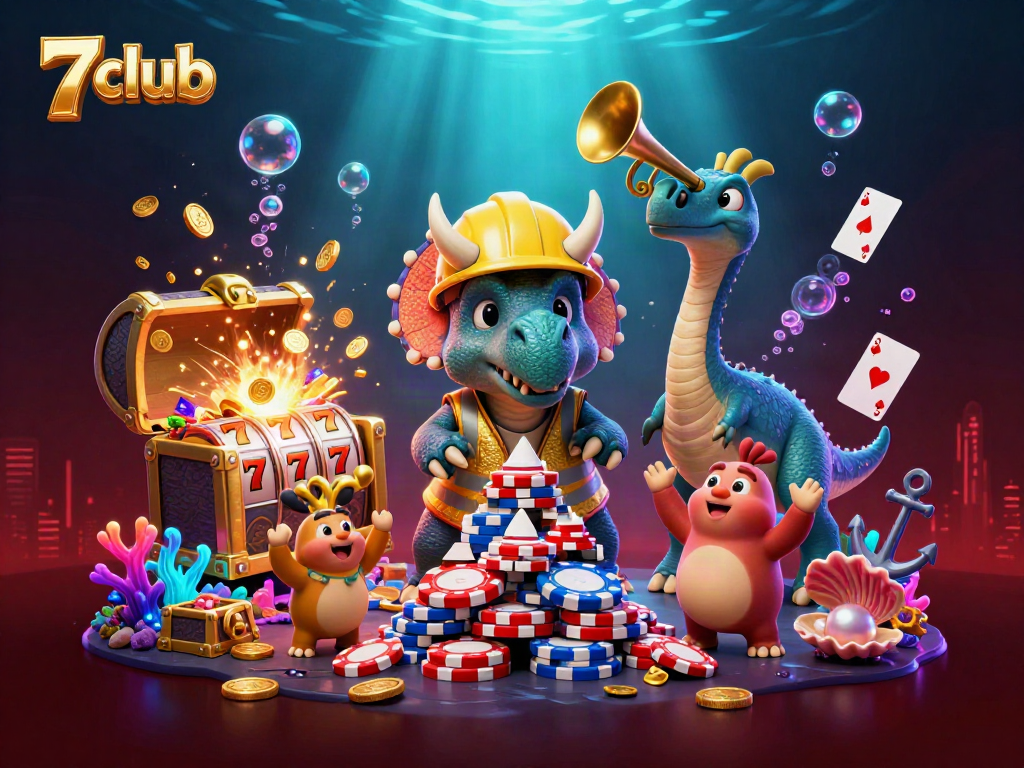 Experience dynamic gameplay with 7 club themed characters celebrating jackpots and poker victories.