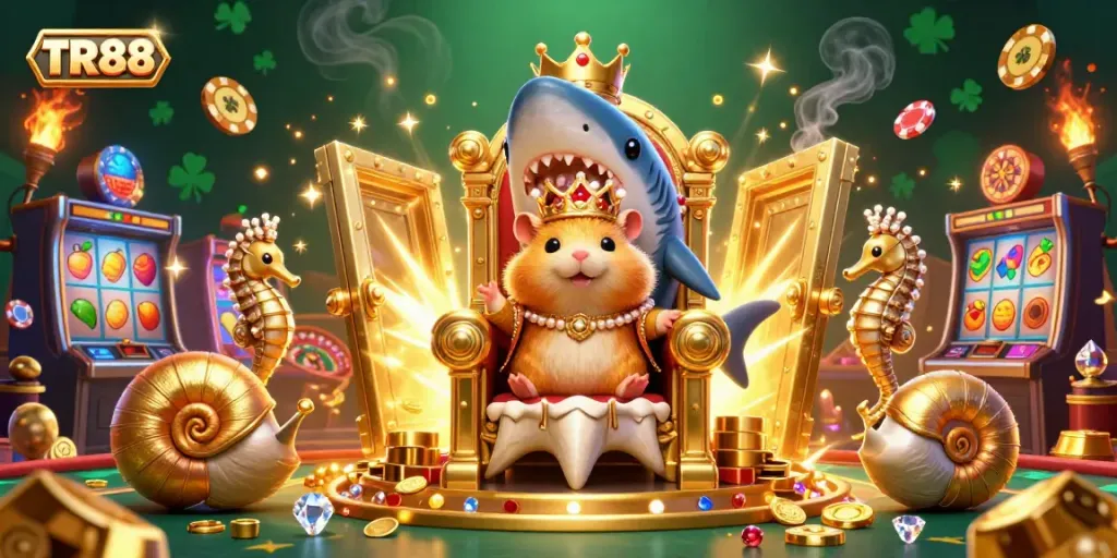 Engage in thrilling casino adventures at TR88 with our vibrant illustration of a hamster king presiding over gold and games.
