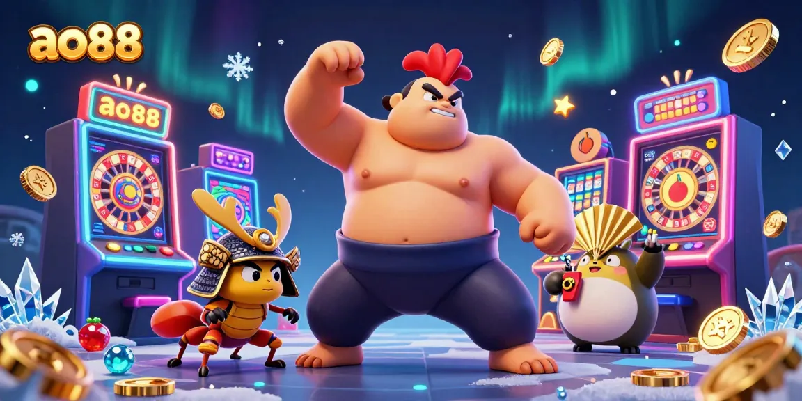 Engage with ao88's vibrant gaming experience featuring a dynamic sumo rooster and samurai cricket.