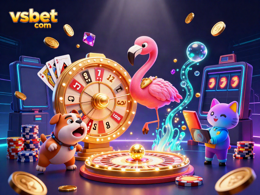 Spin to win with vsbet com in an exciting game show scene featuring a vibrant flamingo host!
