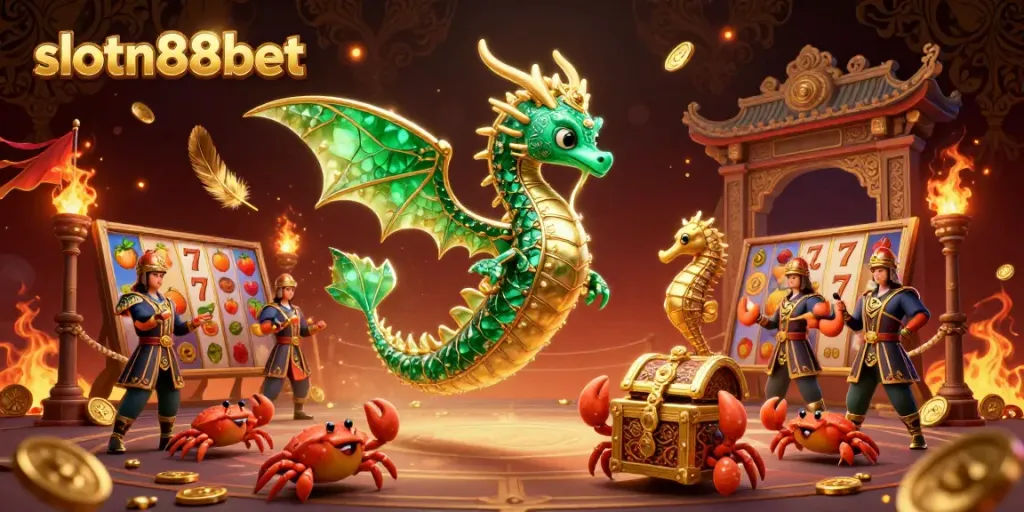 Experience the dynamic world of slotn88bet featuring an emerald sea dragon, a royal seahorse, and treasure in a vibrant casino scene.