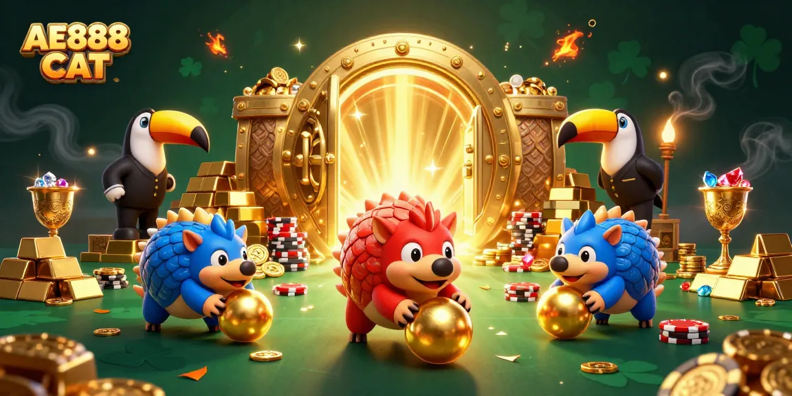 AE888 CAT pangolins delightfully bowling through poker chips amidst treasure in a vivid casino scene.