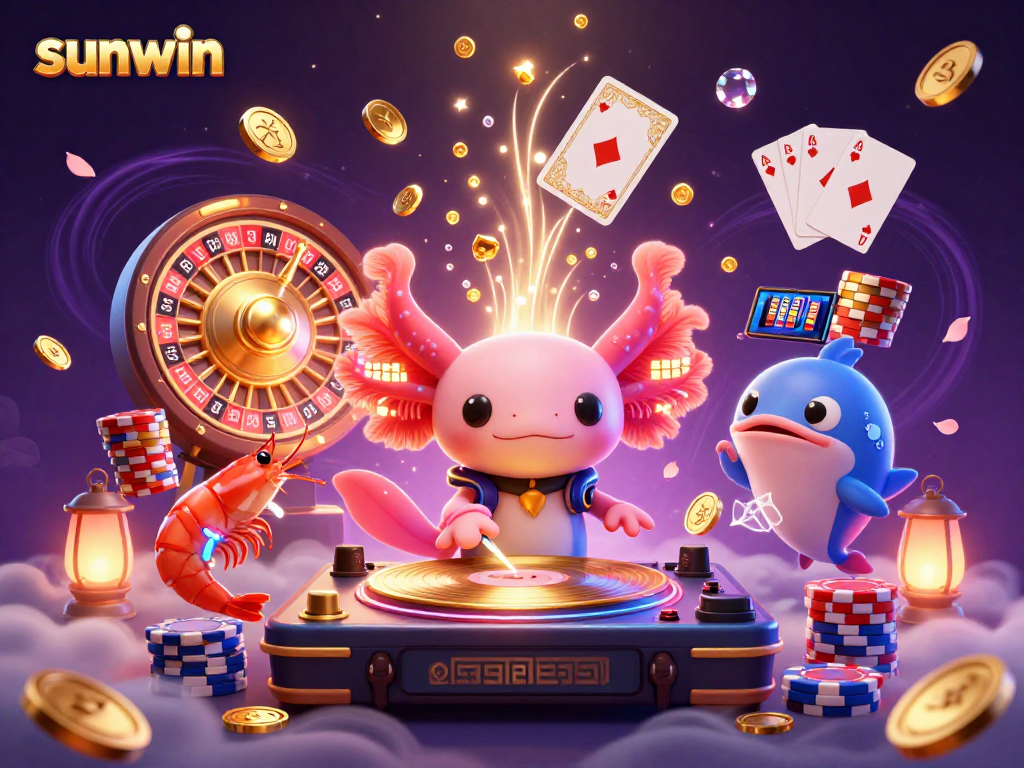 Engage with sunwin as axolotl DJ spins underwaves, surrounded by vibrant casino elements.