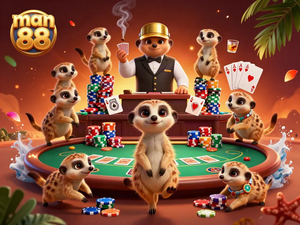 Exciting scene showcasing meerkats operating a dynamic casino at man 88, with poker elements and vibrant details.