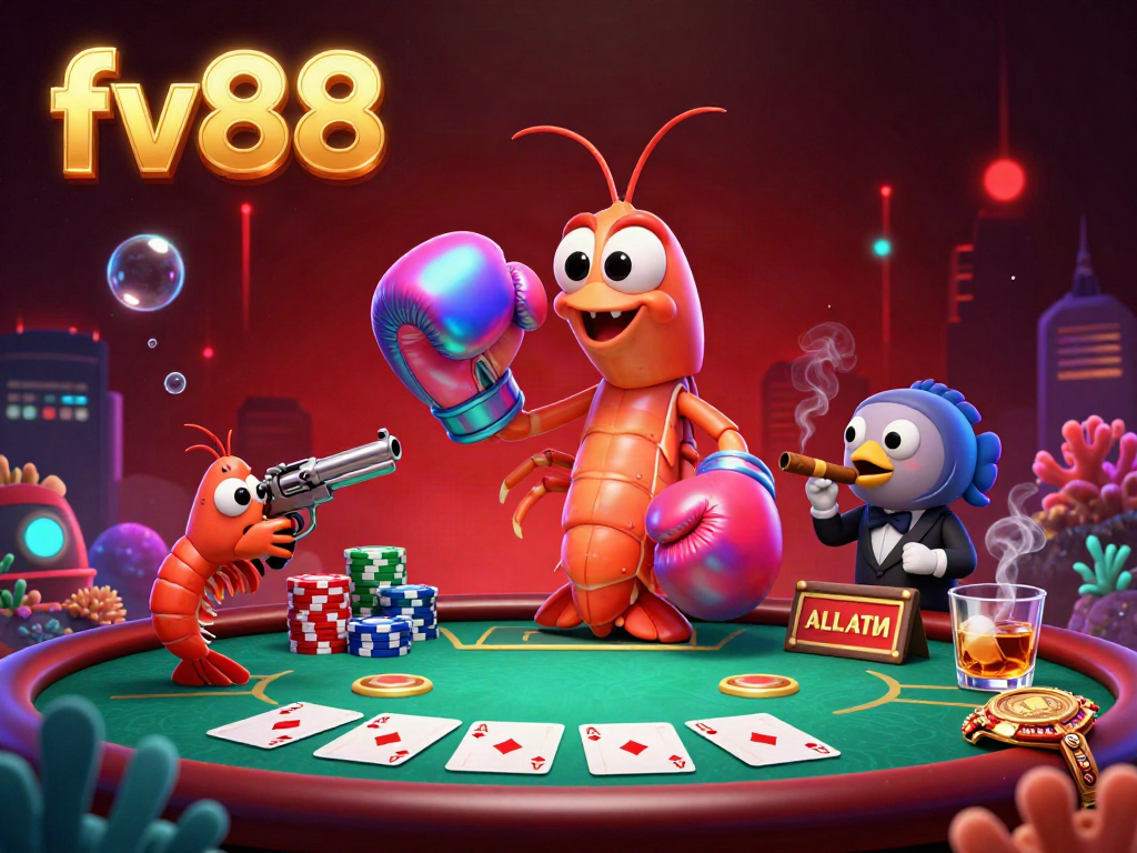 Engaging scene showcasing the vibrant underwater casino theme with fv88 branding surrounded by poker elements and dynamic characters.