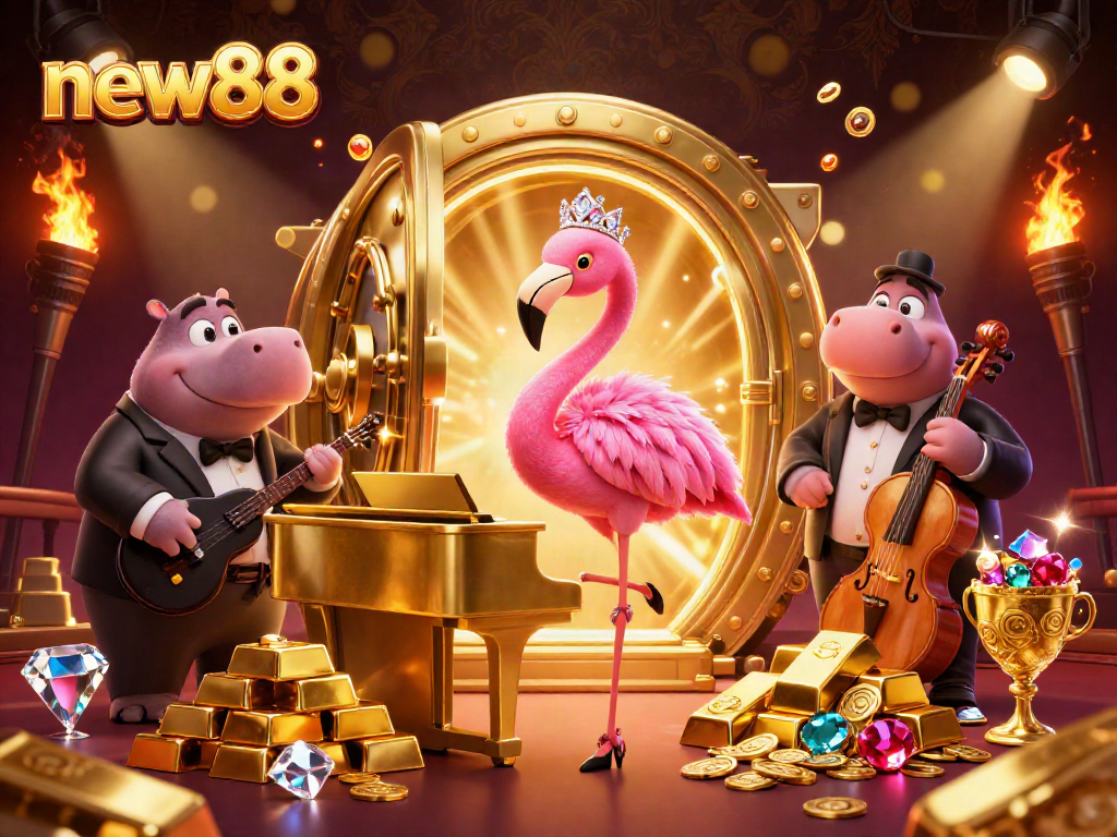 Experience thrilling new88 gaming adventures with a vibrant casino scene filled with characters and treasure.