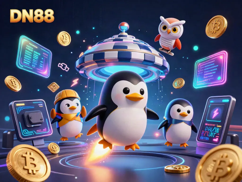 Join the excitement at DN88 with a golden penguin racing to a casino space station in a vibrant cosmic scene.