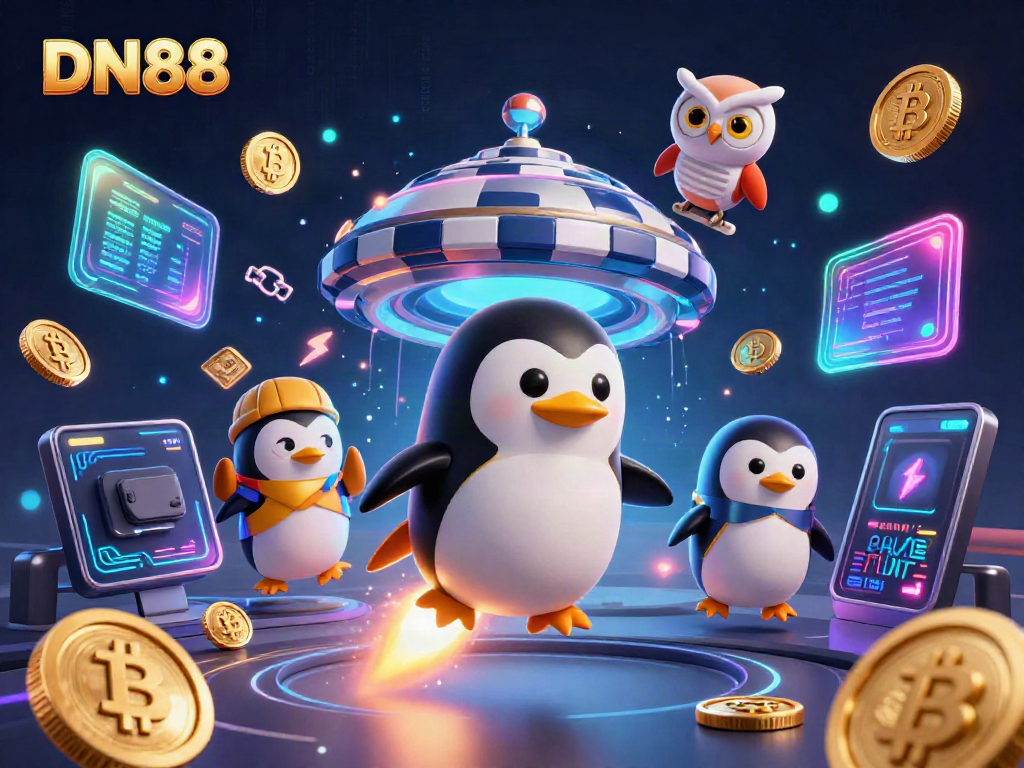 Join the excitement at DN88 with a golden penguin racing to a casino space station in a vibrant cosmic scene.