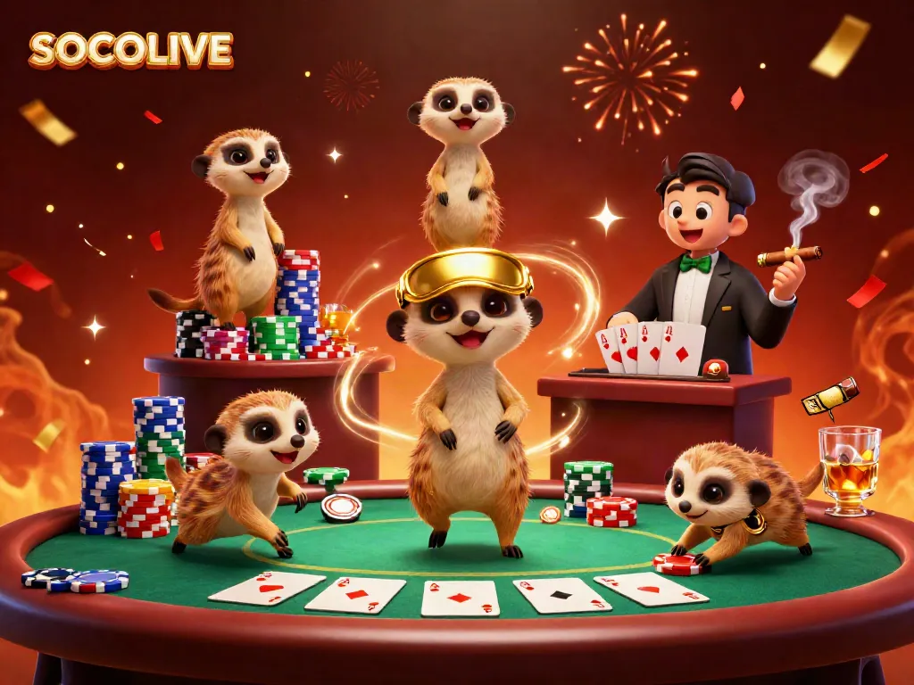 Experience SOCOLIVE with lively meerkats operating an exciting casino atmosphere and colorful poker elements.