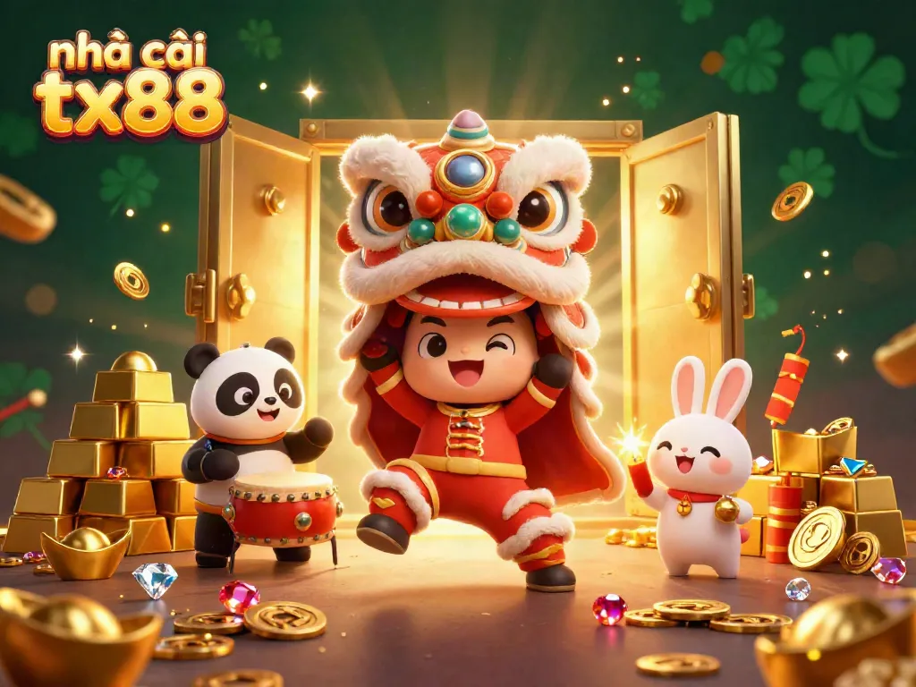 Experience the vibrant world of nhà cái tx88 with a dynamic, festive 3D casino scene filled with treasures.