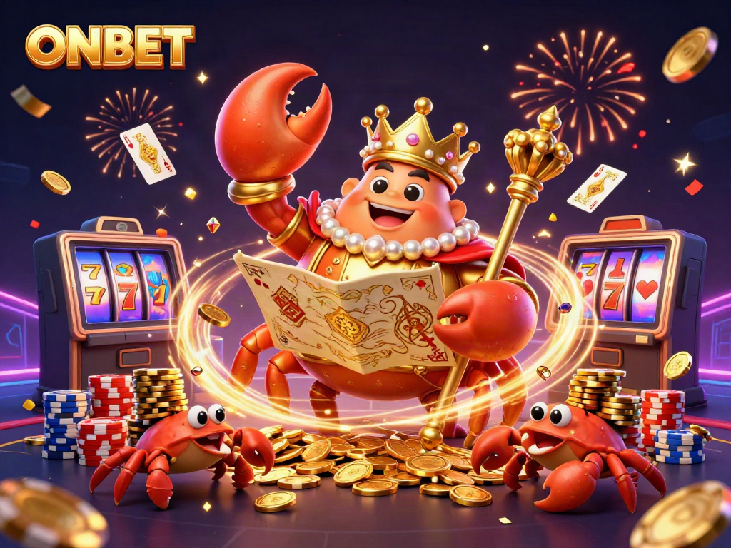 Experience the thrilling ONBET casino with a golden crab emperor and treasure-filled animation.