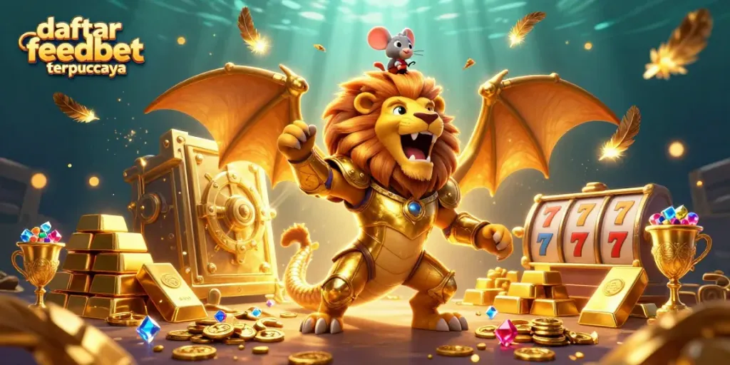 Win big at daftar feedbet terpercaya with this vibrant scene of a chimera and treasures, showcasing a rich casino experience.