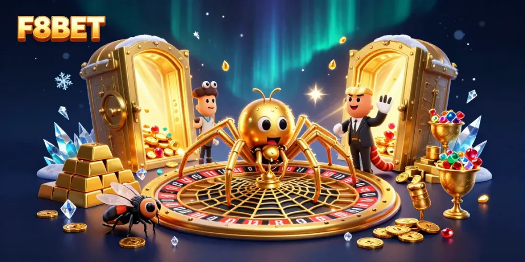 Experience the thrilling world of F8BET with a colorful cartoon scene featuring a spider and croupier.