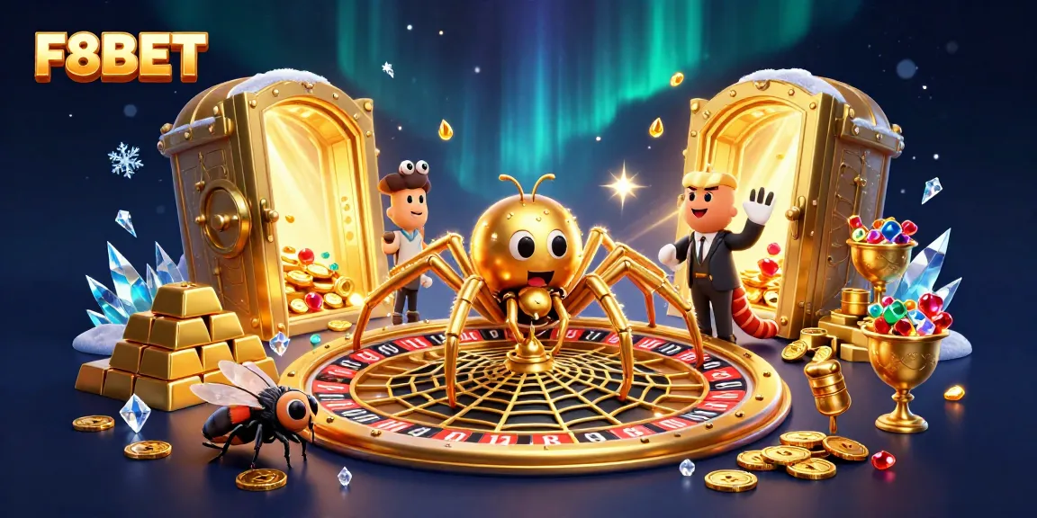 Experience the thrilling world of F8BET with a colorful cartoon scene featuring a spider and croupier.