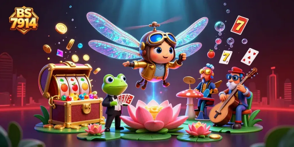 Engage with dazzling BS 7914-themed casino scene featuring a dragonfly pilot and frog dealer in vibrant colors.