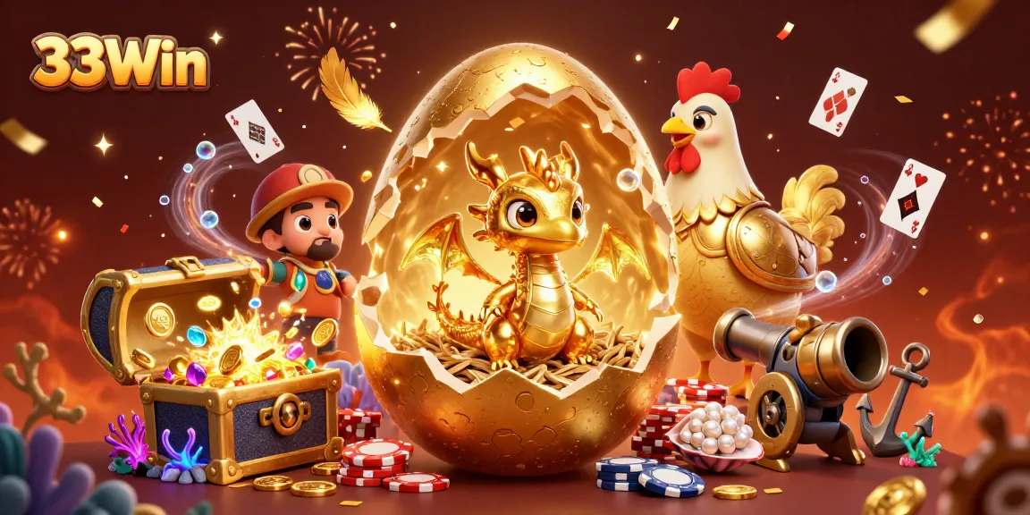 Join the excitement at 33Win with a dynamic casino scene featuring a golden dragon and poker chips.