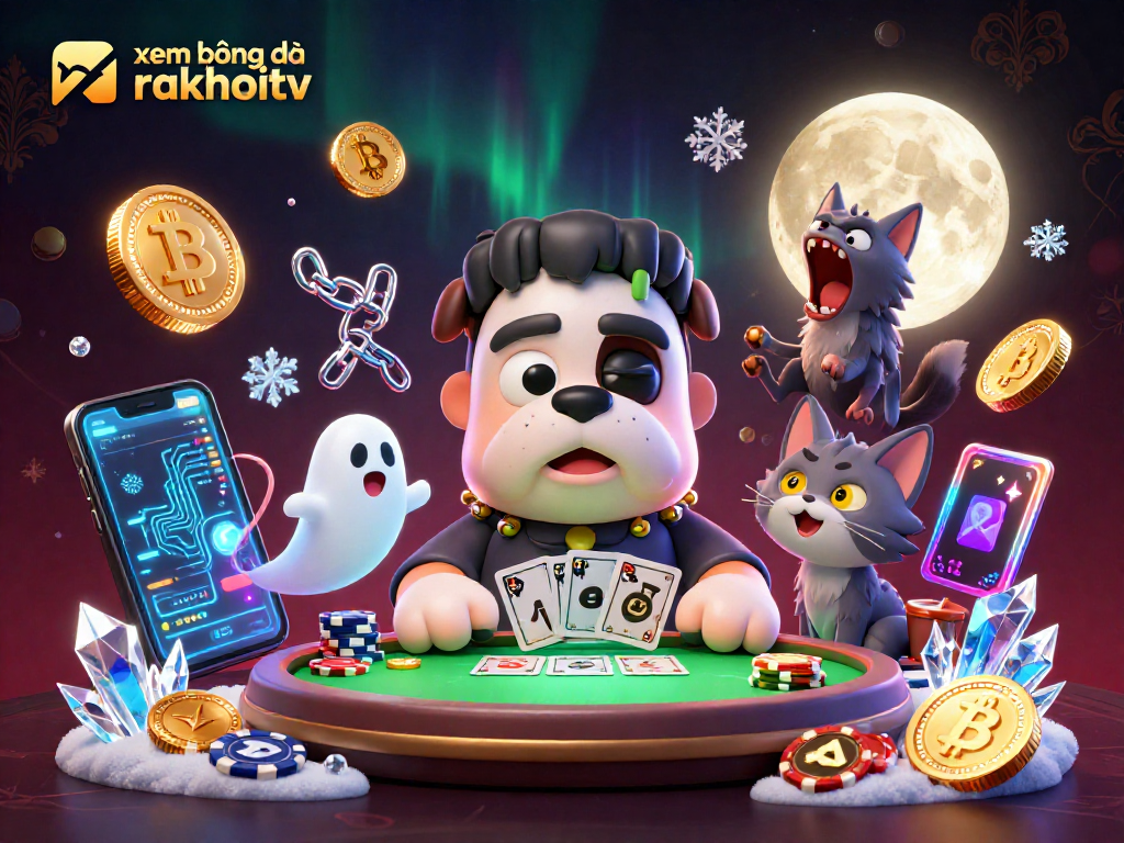 Experience the thrill of xem bóng đá rakhoitv while a Frankenstein dog deals cards with a ghost mouse in a vibrant casino scene.