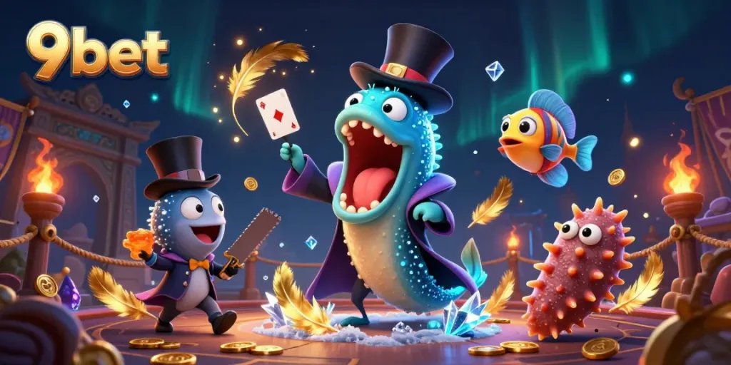 Engage with 9bet in a vibrant underwater casino scene showcasing lively characters and magical actions.