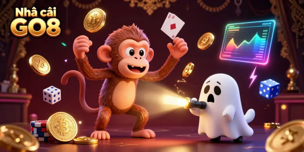 Engage with the magical world of Nhà cái GO8 as a mischievous poltergeist monkey and a ghost-hunter puppy showcase vibrant casino elements.
