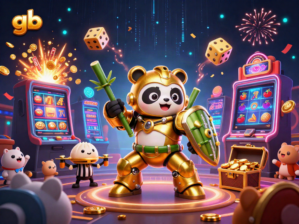 Engaging scene of gb featuring a golden panda in a mech-suit during a vibrant casino battle.