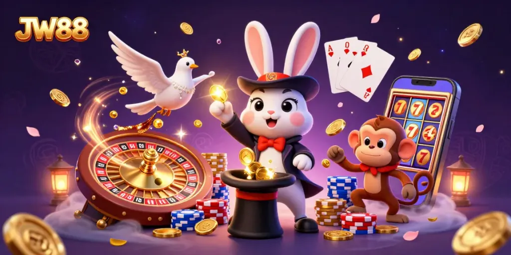 Engage with JW88's thrilling magic scene featuring a rabbit, dove, and monkey in a dynamic casino setting.