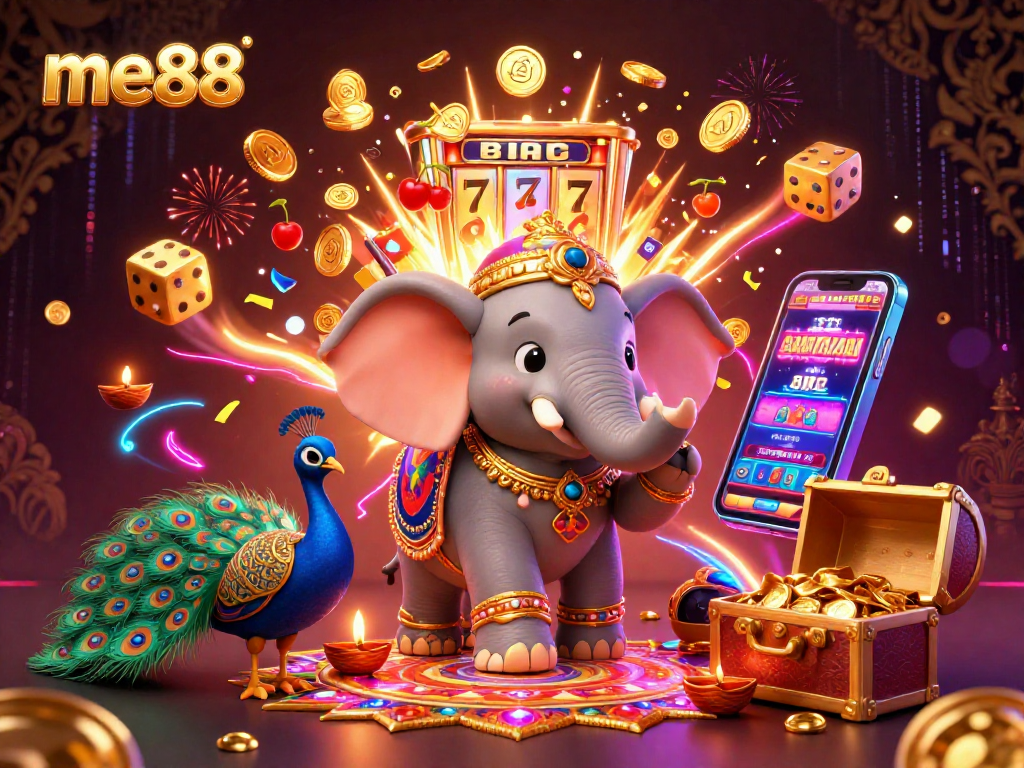 Experience the vibrant world of me88 with a festive casino scene filled with jackpots and winning symbols.