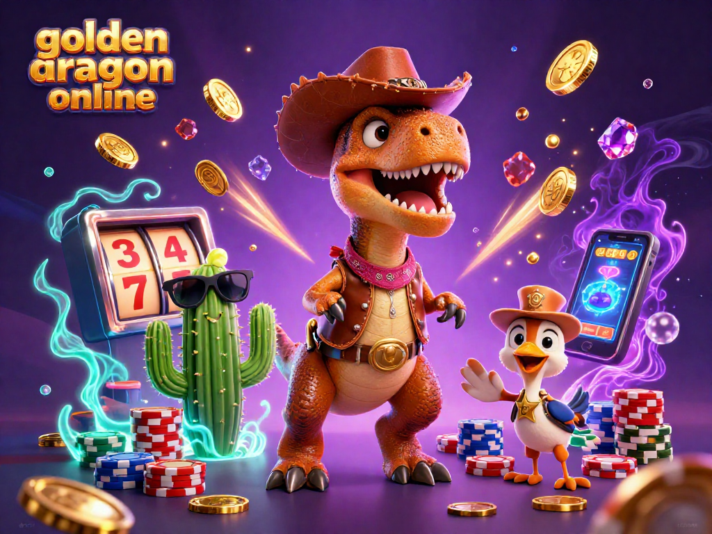 Experience the thrill of golden dragon online with a colorful 3D casino scene featuring spinning slot reels and lucky characters.