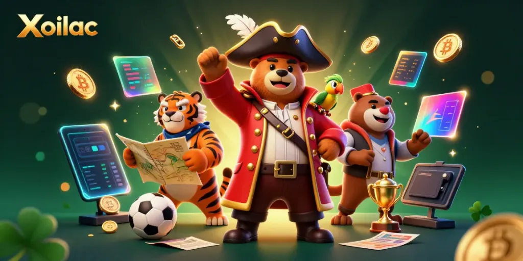 Engage in thrilling sports betting with Xoilac, featuring dynamic pirate characters and exciting betting elements.