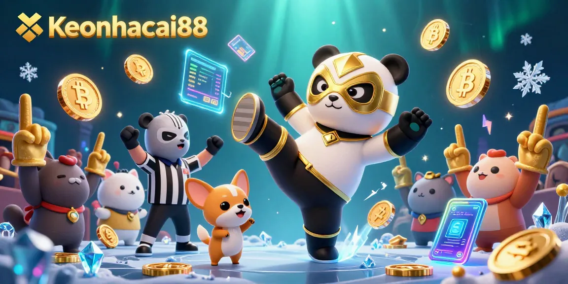 Experience thrilling action at Keonhacai88 with a cartoon panda wrestler and vibrant casino elements.