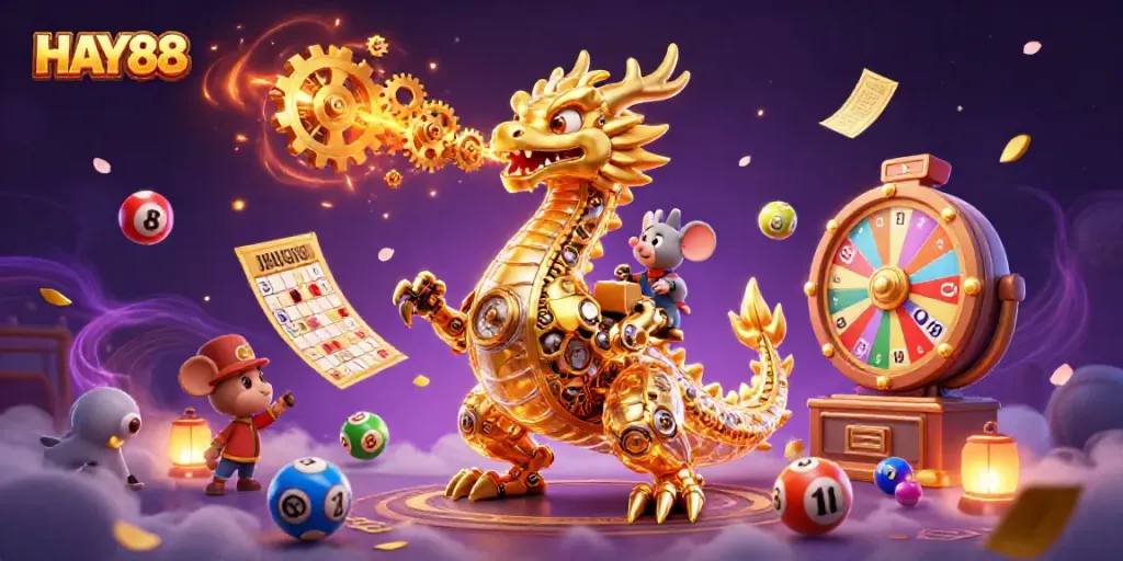 Engage with HAY88's vibrant online casino world, featuring a golden dragon amidst colorful lottery elements.