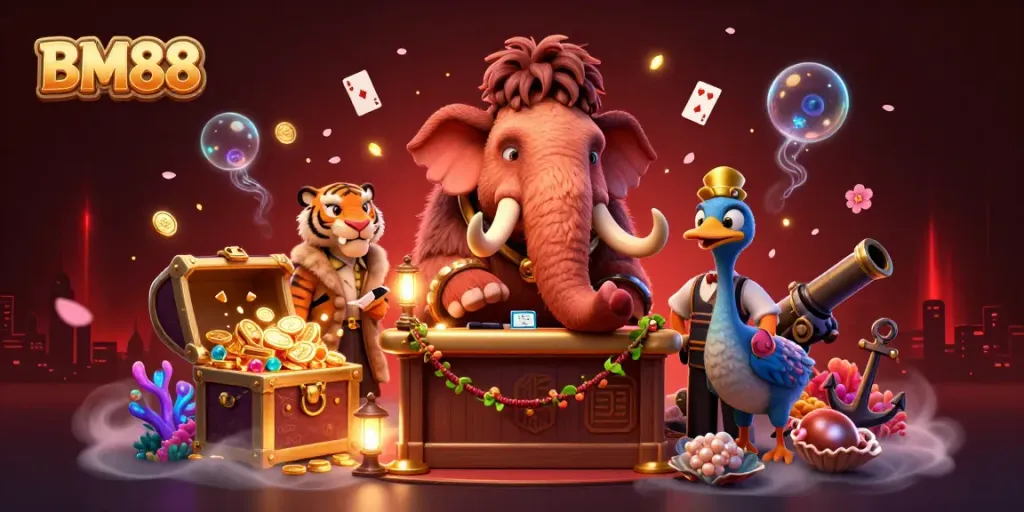 Experience the vibrant BM88 casino scene with a unique woolly mammoth bouncer and playful game elements.