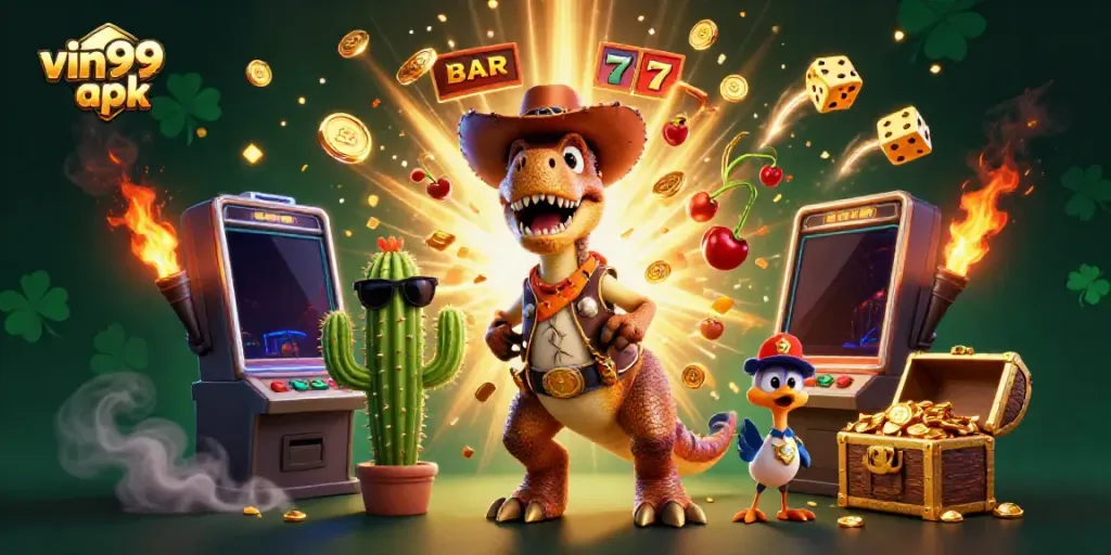 Experience the thrill of vin99 apk with cartoon characters celebrating over a jackpot explosion and casino elements.