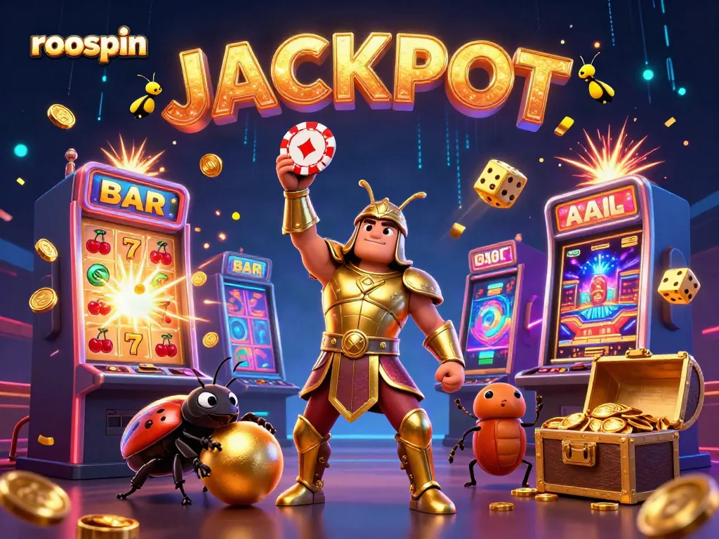 Experience the excitement of roospin casino with a 3D beetle hero amidst jackpots and vibrant game elements.