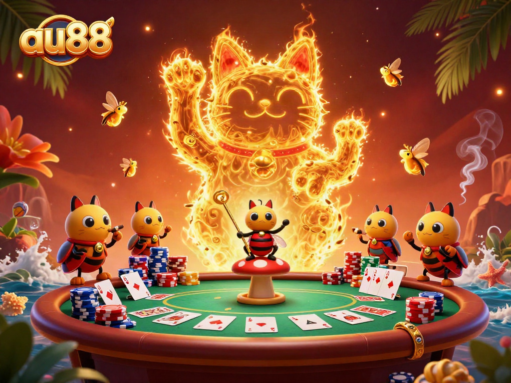 Engage with exciting casino elements showcasing au88's vibrant gaming scene featuring a lucky cat and bets.