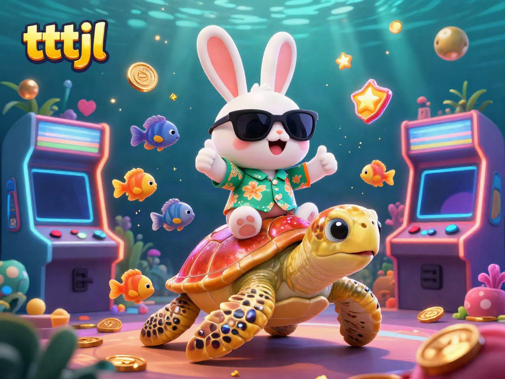 Engage in fun with the tttjl gaming scene featuring a lucky rabbit, a turtle, and arcade elements.