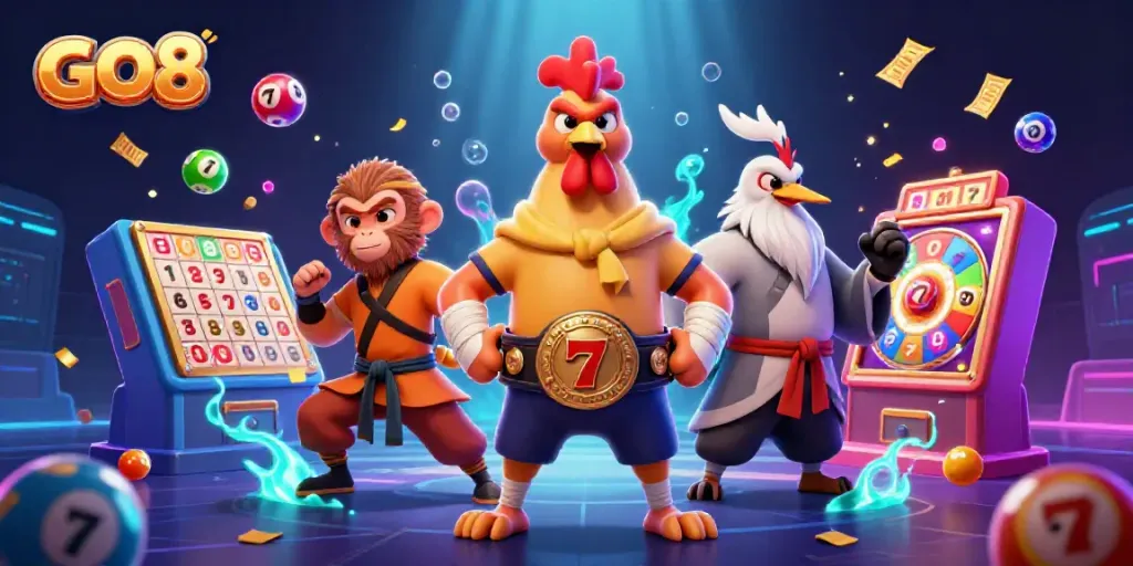 GO8-themed casino illustration featuring vibrant slots, lottery balls, and dynamic characters.