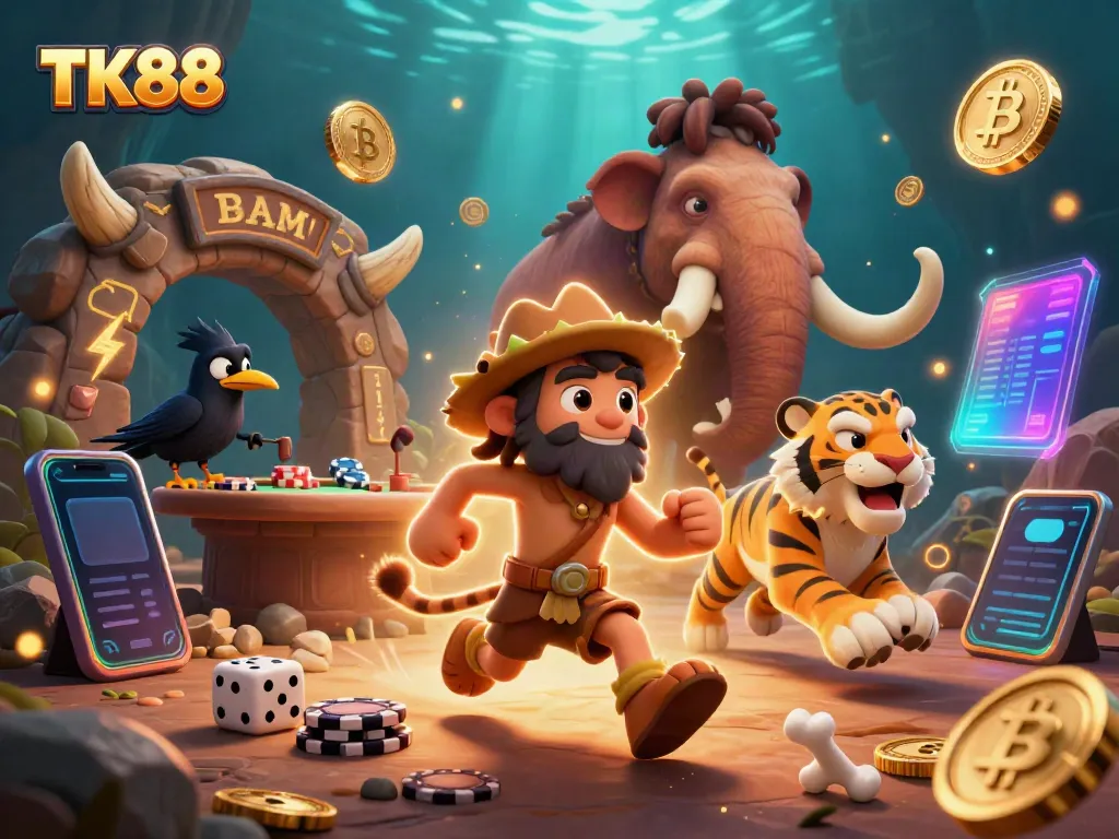 TK88 features a caveman and sabertooth tiger duo managing a prehistoric casino scene with vibrant gaming elements.