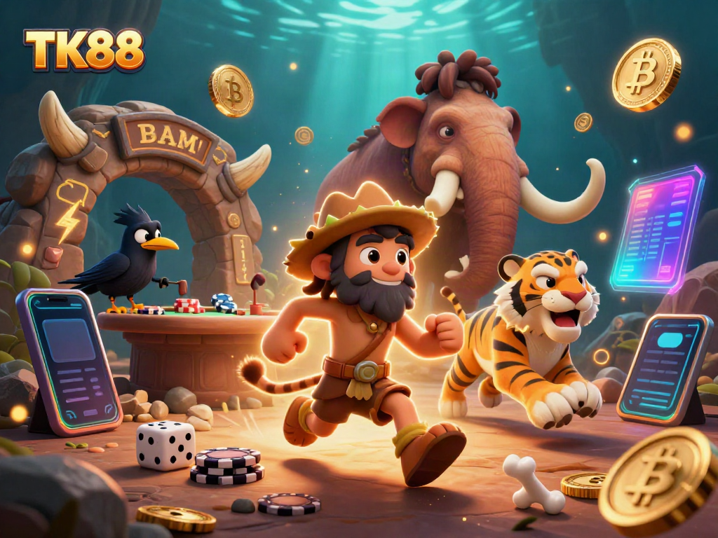 TK88 features a caveman and sabertooth tiger duo managing a prehistoric casino scene with vibrant gaming elements.